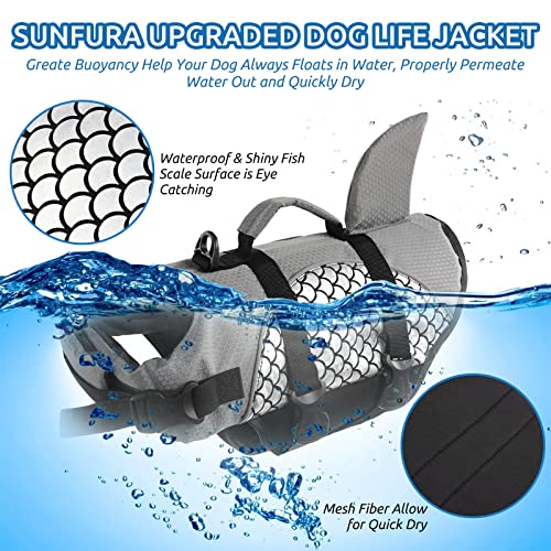 SUNFURA Dog Shark Life Jacket, Ripstop Dog Life Vest Puppy Floats for Swimming Pool with Rescue Handle & Superior Buoyancy, Small Medium Dog Life Jackets Pet Life Preserver for Boating (Silver,L)