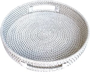 simply fabulous white round rattan serving tray, 10.6 inch, strong, durable versatile for the ottoman or a table
