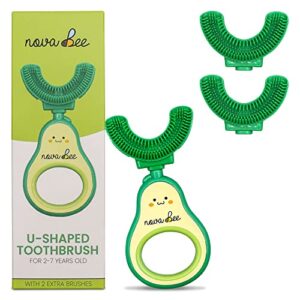 novabee u shaped toothbrush for children – 4 pack set avocado handle and 3 food grade silicone brush heads - 360 whole mouth manual ergonomic toothbrush for toddlers and kids ages 2-7
