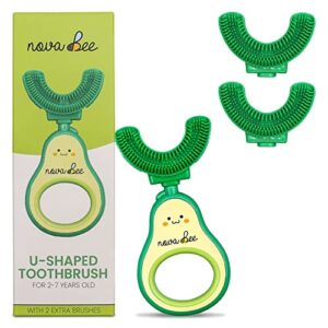 NovaBee U Shaped Toothbrush for Children – 4 Pack Set Avocado Handle and 3 Food Grade Silicone Brush Heads - 360 Whole Mouth Manual Ergonomic Toothbrush for Toddlers and Kids Ages 2-7