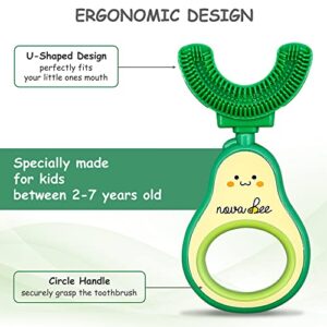 NovaBee U Shaped Toothbrush for Children – 4 Pack Set Avocado Handle and 3 Food Grade Silicone Brush Heads - 360 Whole Mouth Manual Ergonomic Toothbrush for Toddlers and Kids Ages 2-7