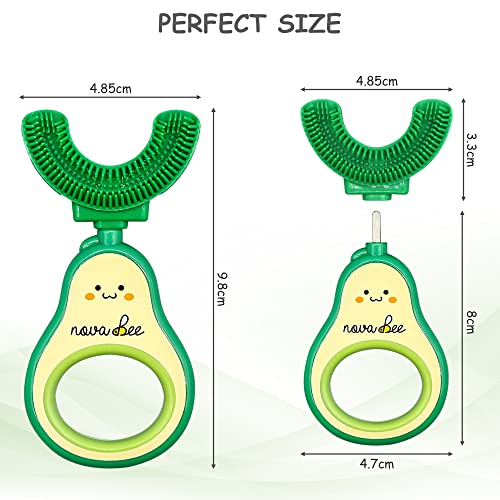 NovaBee U Shaped Toothbrush for Children – 4 Pack Set Avocado Handle and 3 Food Grade Silicone Brush Heads - 360 Whole Mouth Manual Ergonomic Toothbrush for Toddlers and Kids Ages 2-7