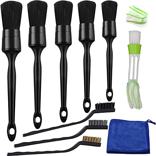 11 Pcs Detailing Brush Set with 5 Car Detailing Brushes, 3 Wire Brush, Microfiber Towel, 1 Car Vent Cleaner and Cloth Car Cleaning Kit for Cleaning Interior, Exterior, Leather, Motorcycle