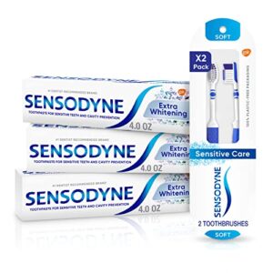 sensodyne extra whitening toothpaste - 4 oz x 3 and soft toothbrush pack - 2 count bundle