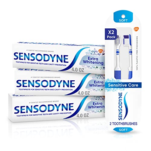 Sensodyne Extra Whitening Toothpaste - 4 Oz x 3 and Soft Toothbrush Pack - 2 Count Bundle