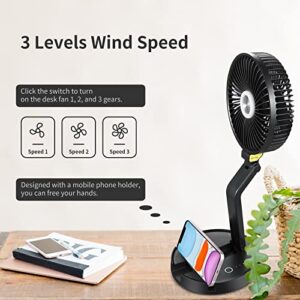 Rolg Foldaway Stand Fan, Portable Desk and Table Rechargeable Pedestal Fans with LED Light, 3 Speeds & Height, Ultra Lightweight,Wall Mounted Fan for Personal Bedroom Office Fishing Camping Fanus-001