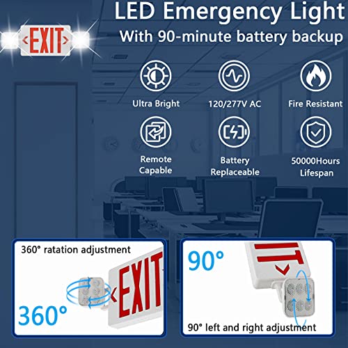 Red LED Exit Sign with Emergency Lights,Two LED Adjustable Head Emergency Exit Lights with Battery Backup,Double Face, Dual LED Lamp ABS Fire Resistance UL-Listed 120-277V/AC