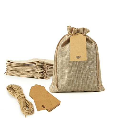 FOCCIUP 10 Pcs 5" x 7" Burlap Gift Bags with Drawstring Gift Bags for Wedding Party Jewelry Craft Packing with Tags