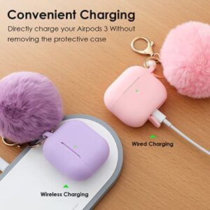 Protective Case Cover for Airpods 3 Charging Case, Soft Silicone Case Compatible with Air Pods 3rd Generation 2021 with Cute Ball Fluffy Pom Pom Keychain Kit (3rd, Lavender)