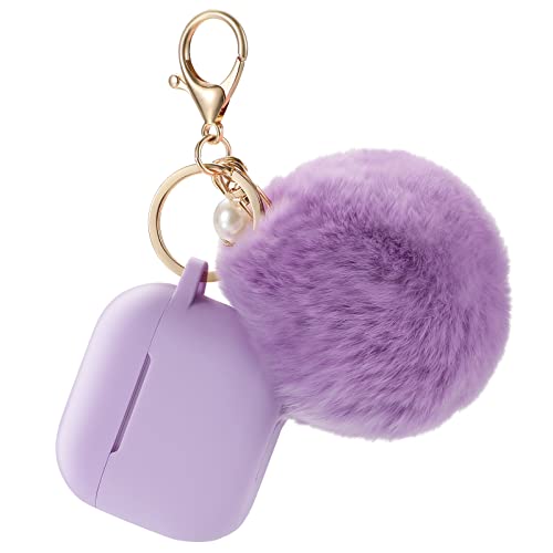 Protective Case Cover for Airpods 3 Charging Case, Soft Silicone Case Compatible with Air Pods 3rd Generation 2021 with Cute Ball Fluffy Pom Pom Keychain Kit (3rd, Lavender)