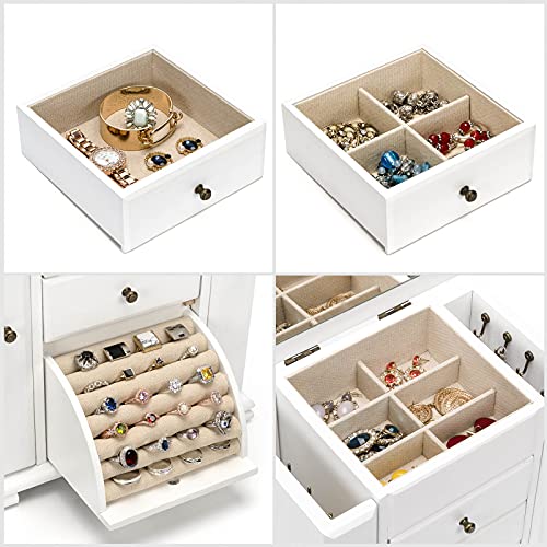 Emfogo Jewelry Box for Women, Rustic Wooden Jewelry Boxes & Organizers with Mirror, 4 Layer Jewelry Organizer Box Display for Rings Earrings Necklaces Bracelets (Weathered White)