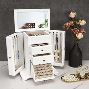 Emfogo Jewelry Box for Women, Rustic Wooden Jewelry Boxes & Organizers with Mirror, 4 Layer Jewelry Organizer Box Display for Rings Earrings Necklaces Bracelets (Weathered White)