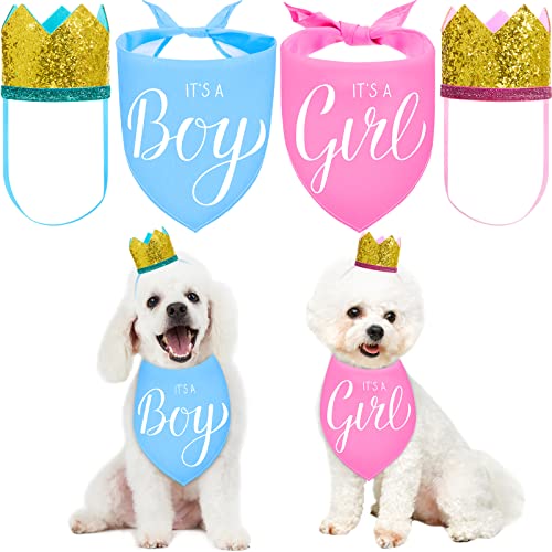 2 Pieces It's a Boy It's a Girl Dog Bandana Gender Reveal Baby Announcement Dog Bandana and 2 Pieces Pet Crown Dog Hat Photo Props for Dog Puppy Cat (Blue, Pink)