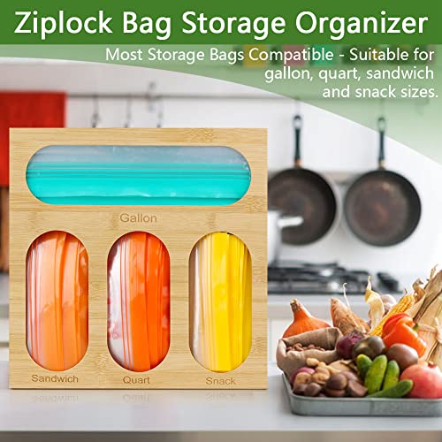 Zip Lock Bag Organizer, Kitchen Organization Storage, Bamboo Ziplock Tea Bag Organizer Baggie Holder for Snack Sandwich Food Storage Plastic Bags Organizers (1 Box 4 Slots)