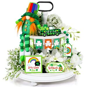 10 pieces st. patrick's day decorations including gnome tiered tray decor lucky wood flag wooden bead garland for irish saint party tabletop home kitchen decor, classic shamrock style