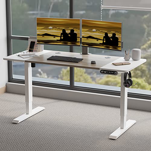 Jceet Adjustable Height Electric Standing Desk - 55 x 24 Inch Sit Stand Computer Desk, Stand Up Desk Table for Home Office, White Frame/White + Oak Top