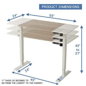 Jceet Adjustable Height Electric Standing Desk - 55 x 24 Inch Sit Stand Computer Desk, Stand Up Desk Table for Home Office, White Frame/White + Oak Top