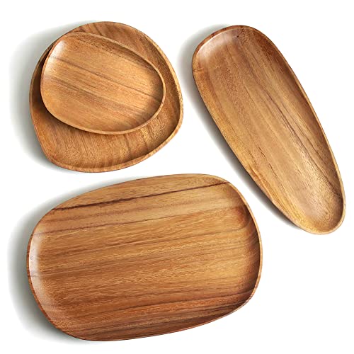 AOOSY Wood Serving Tray, Wooden Serving Platters Set for Serving Food, Fruit, Vegetable, Meat Breakfast Lunch Dinner in Bed Decorative Bread Plates Party Wood Serving Board, Set of 4