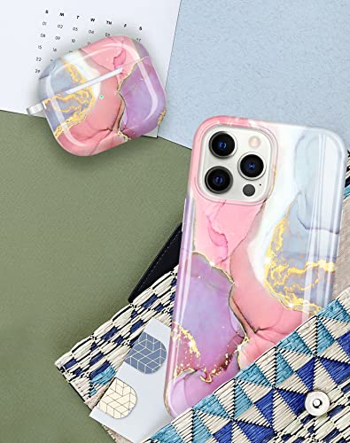 JIAXIUFEN Case Designed for AirPods 3 Case Cover Sparkle Glitter Marble Full Protective TPU Skin Accessories for Women Girl with Keychain Compatible with Airpods 3rd Generation Case - Pink Purple