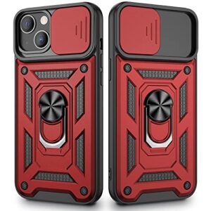 vego compatible for iphone 13 case, iphone 13 kickstand case with slide camera cover, built-in 360° rotate ring stand magnetic cover case for iphone 13 6.1 inch 2021 - red