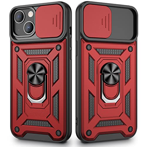 VEGO Compatible for iPhone 13 Case, iPhone 13 Kickstand Case with Slide Camera Cover, Built-in 360° Rotate Ring Stand Magnetic Cover Case for iPhone 13 6.1 inch 2021 - Red