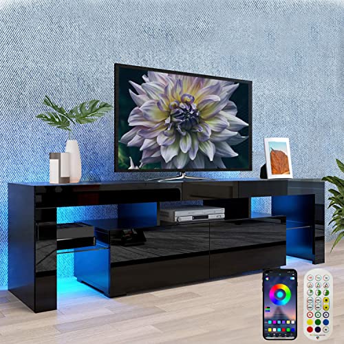 Vinctik 6&Fox Black TV Stand for 55/60/65inch TV,Modern Entertainment Center with 2 Storage Drawers and LED Light, High Glossy TV Console Table Media Furniture(63inch Black)