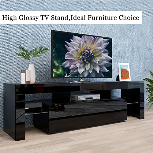 Vinctik 6&Fox Black TV Stand for 55/60/65inch TV,Modern Entertainment Center with 2 Storage Drawers and LED Light, High Glossy TV Console Table Media Furniture(63inch Black)