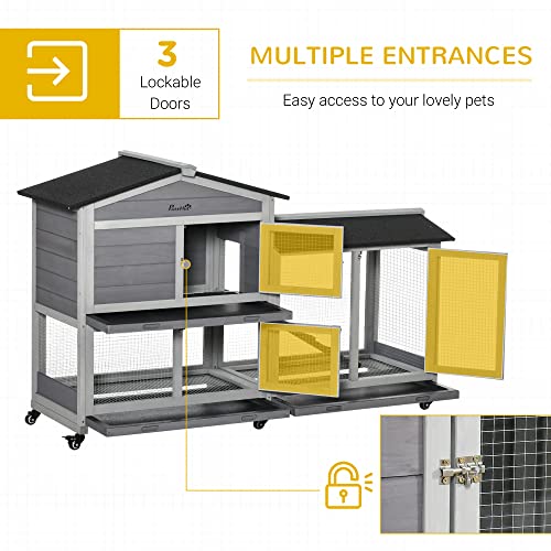 PawHut 62" Wooden Rabbit Hutch, Bunny Cage, Pet Playpen House with Wheels, Run Box, No Leak Tray, and Ramp for Small Animals, Indoor/Outdoor Use, Light Grey