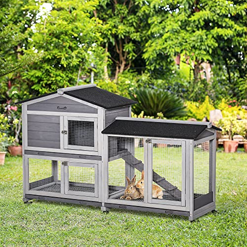 PawHut 62" Wooden Rabbit Hutch, Bunny Cage, Pet Playpen House with Wheels, Run Box, No Leak Tray, and Ramp for Small Animals, Indoor/Outdoor Use, Light Grey