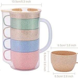 5 Pack Wheat Straw Unbreakable Tableware Kettle Cups Set, with 4 Multicolor Cups for Kids Children Toddler Adult, Dishwasher Coffee Mug for Water, Tea, Milks, Juice