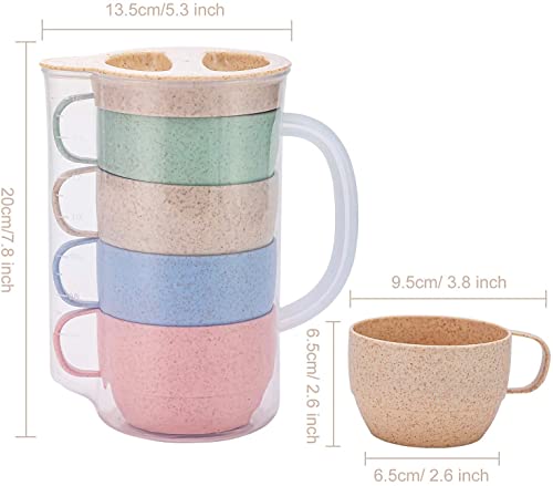 5 Pack Wheat Straw Unbreakable Tableware Kettle Cups Set, with 4 Multicolor Cups for Kids Children Toddler Adult, Dishwasher Coffee Mug for Water, Tea, Milks, Juice