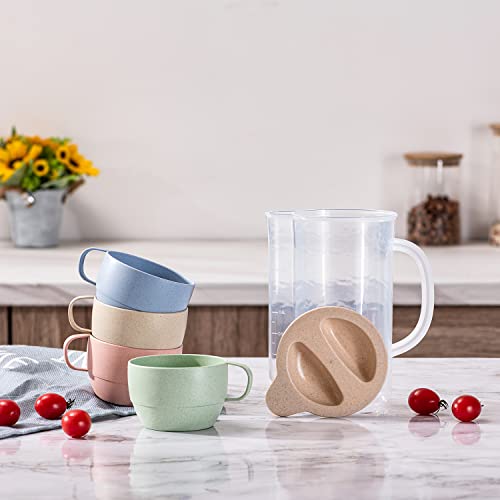 5 Pack Wheat Straw Unbreakable Tableware Kettle Cups Set, with 4 Multicolor Cups for Kids Children Toddler Adult, Dishwasher Coffee Mug for Water, Tea, Milks, Juice