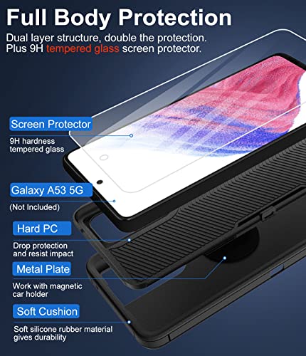Dahkoiz for Samsung Galaxy A53 5G Case, with Tempered Glass Screen Protector and Dust-Proof Port Cover, Full Body Protection Durable Rubber Phone Case for Samsung Galaxy A53 5G UW, Black