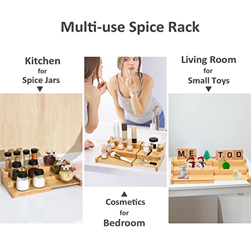 ROSOS Spice Rack Organizer for Cabinet 2 Pack, Bamboo Spice Rack Organizer for Countertop Expandable from 8.7-15inch, 3-Tier Durable Spice Organizer for Cabinet, Natural