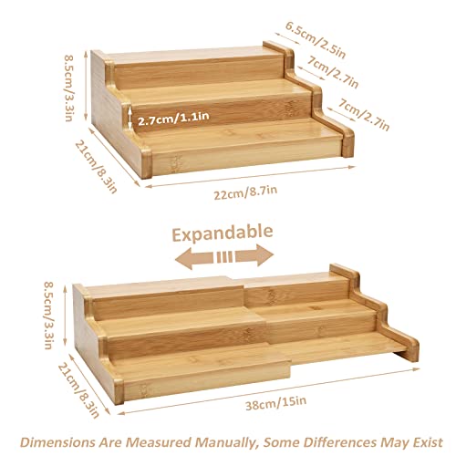 ROSOS Spice Rack Organizer for Cabinet 2 Pack, Bamboo Spice Rack Organizer for Countertop Expandable from 8.7-15inch, 3-Tier Durable Spice Organizer for Cabinet, Natural