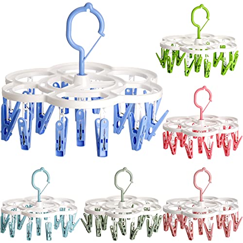 Okllen 6 Pack Laundry Drying Hanger with 16 Clips, Anti-Wind Clip and Drip Hanger Clothes Laundry Hangers, Plastic Hanging Drying Rack for Underwear, Bras, Socks, Baby Clothes, Towel, Scarf, 6 Colors