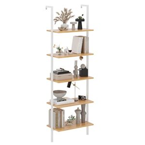 sogeshome industrial wall-mounted ladder shelf, 5-tier modern bookshelf with industrial metal frame, bookcase organize plant flower display stand for kitchen, living-room, bedroom, office