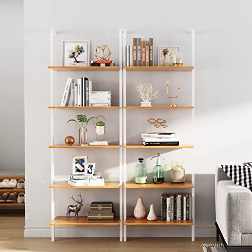 SogesHome Industrial Wall-Mounted Ladder Shelf, 5-Tier Modern Bookshelf with Industrial Metal Frame, Bookcase Organize Plant Flower Display Stand for Kitchen, Living-Room, Bedroom, Office