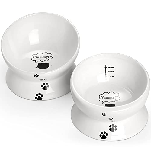 Y YHY Cat Food Bowls, Elevated Tilted for Food and Water, 2 Raised Cat Bowls Set with Tick Marks, for Flat-Faced Cats and Small Dogs - 12/16 OZ Ceramic