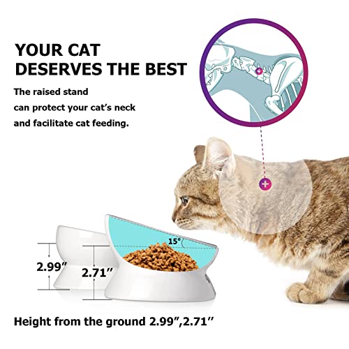 Y YHY Cat Food Bowls, Elevated Tilted for Food and Water, 2 Raised Cat Bowls Set with Tick Marks, for Flat-Faced Cats and Small Dogs - 12/16 OZ Ceramic