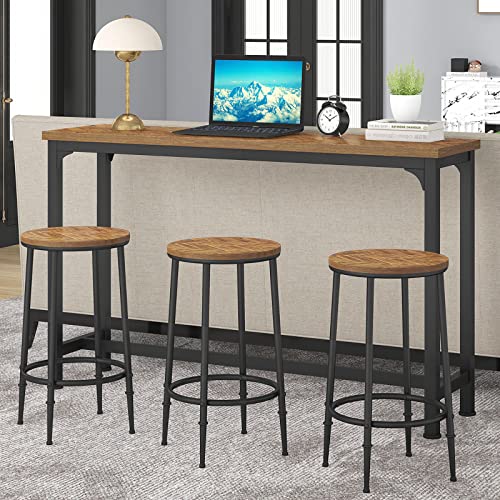 HOMYSHOPY Bar Table Set for 3, 4 Piece Console Table with 3 Stools, Counter Height Sofa Table Set with 3 Chairs for Breakfast Nook, Living Room and Apartment (Brown)