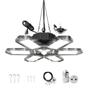 famure led garage lights, 185w linkable shop lights with cord plug in, 18500lm super bright hanging deformable ceiling lighting 6500k lamps with 6 adjustable panel for warehouse