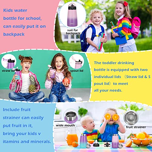 GOPPUS Kids Insulated Water Bottle 12 oz Double Wall Vacuum Stainless Steel Kids Cup Leakproof Metal Water bottles with Straw & Spout Lid Strap Handle 10pcs Stickers for Toddler Girls Boys School