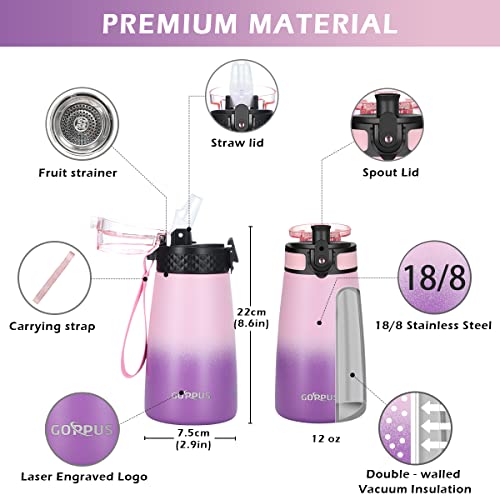 GOPPUS Kids Insulated Water Bottle 12 oz Double Wall Vacuum Stainless Steel Kids Cup Leakproof Metal Water bottles with Straw & Spout Lid Strap Handle 10pcs Stickers for Toddler Girls Boys School