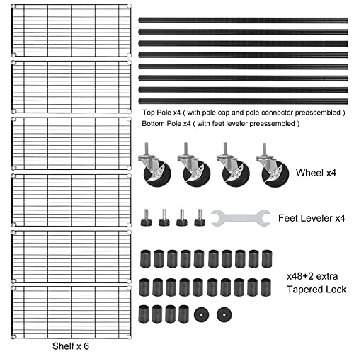 Storage Shelves 6-Tier Wire Shelving Unit Garage Shelving with Wheels 2100LBS Capacity,18" D x 48" W x 78" H Metal Shelves Storage Rack Heavy Duty Shelving for Garage Kitchen Pantry,Black