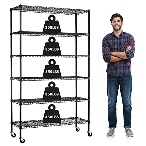 Storage Shelves 6-Tier Wire Shelving Unit Garage Shelving with Wheels 2100LBS Capacity,18" D x 48" W x 78" H Metal Shelves Storage Rack Heavy Duty Shelving for Garage Kitchen Pantry,Black