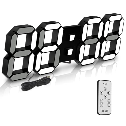 Deeyaple Led Digital Alarm Clock 3D Small Wall Clock Snooze Dimmable Time Memory 12/24 Date Temperature Remote Control Night Light Office Kitchen Living Room Bedroom (15 Inch, Black