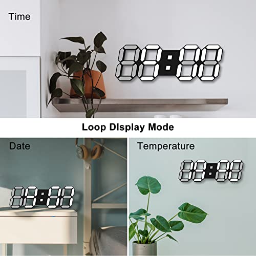 Deeyaple Led Digital Alarm Clock 3D Small Wall Clock Snooze Dimmable Time Memory 12/24 Date Temperature Remote Control Night Light Office Kitchen Living Room Bedroom (15 Inch, Black