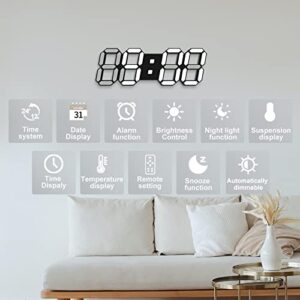 Deeyaple Led Digital Alarm Clock 3D Small Wall Clock Snooze Dimmable Time Memory 12/24 Date Temperature Remote Control Night Light Office Kitchen Living Room Bedroom (15 Inch, Black