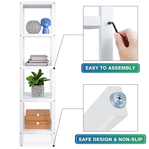 SMIBUY Bathroom Storage Shelf, 5-Tier Bamboo Rack Organizer, Multifunctional Shelving Unit for Living Room Bedroom Kitchen (White)